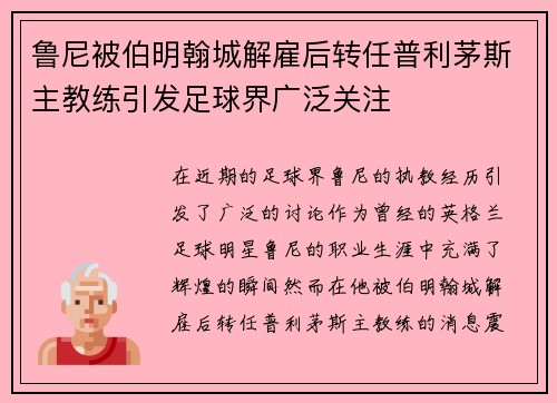 鲁尼被伯明翰城解雇后转任普利茅斯主教练引发足球界广泛关注 鲁尼被伯明翰城解雇后转任普利茅斯主教练引发足球界广泛关注
